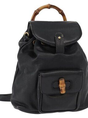 GUCCI Bamboo Backpack Leather Black Gold